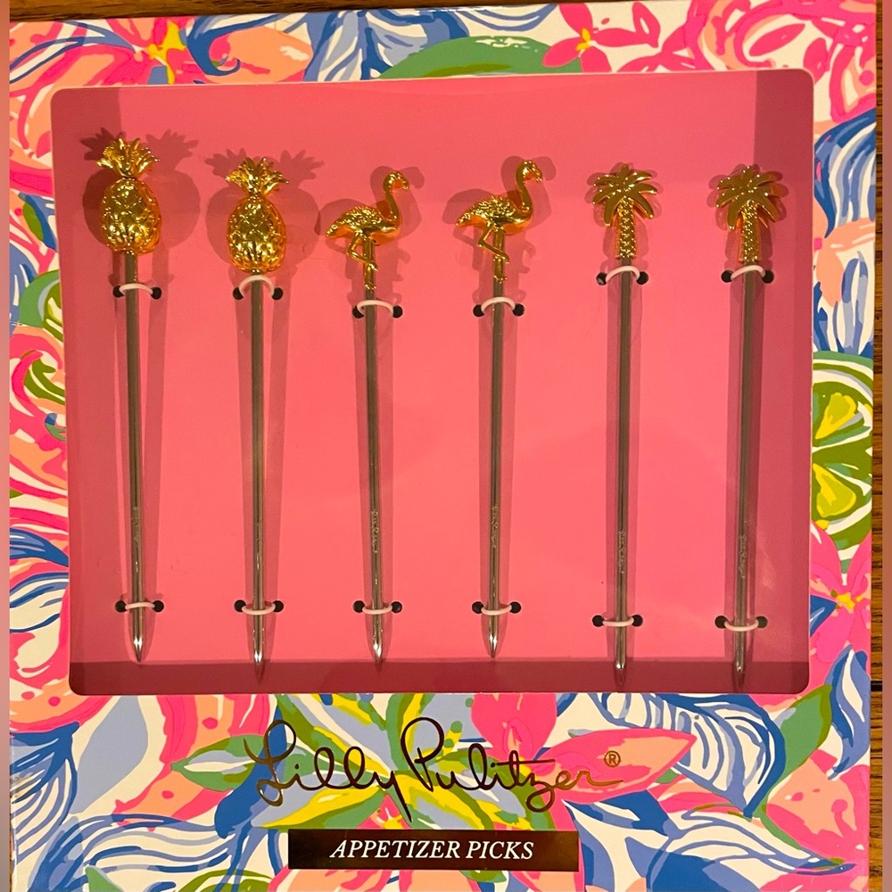 NEW in box Lilly Pulitzer set of 6 appetizers picks, gold, 3 1/2 inch length